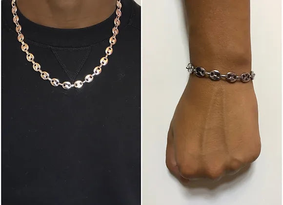 PARURE Collier + bracelet grain de café acier