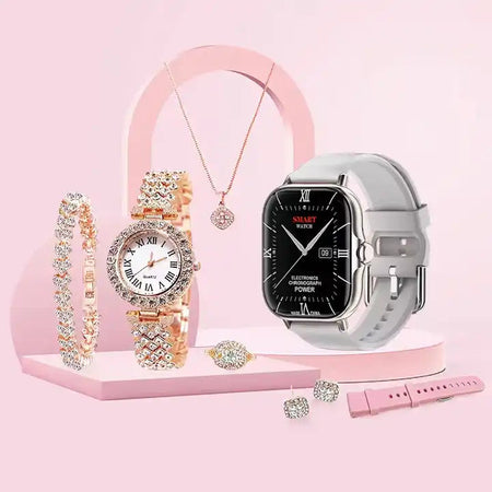 Coffret Montre Intelligente de Luxe A58 Plus 6 en 1 Le coffret comprend : 1 Montre Intelligente Connectée, 1 Montre à Quartz, 1 Collier, 1 Bracelet, 2 Boucles d'oreilles, 1 Bague, 1 Bracelet de rechange, 1 Chargeur magnétique