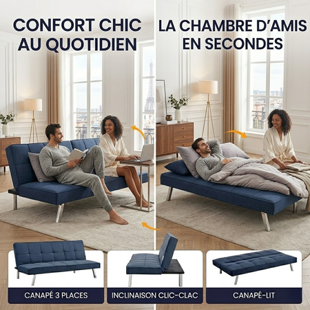 Canapé convertible en lit 2 places en tissu clic-clac pour chambre et bureau