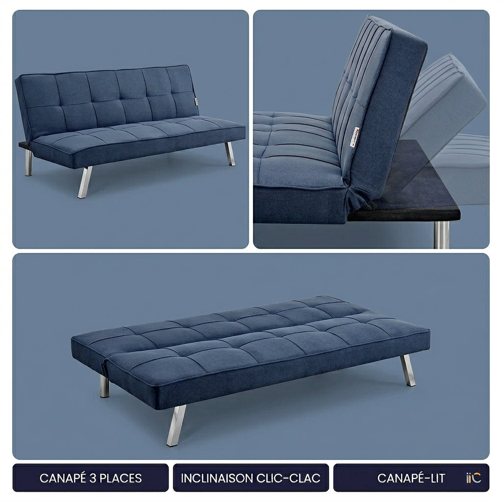Canapé convertible en lit 2 places en tissu clic-clac pour chambre et bureau