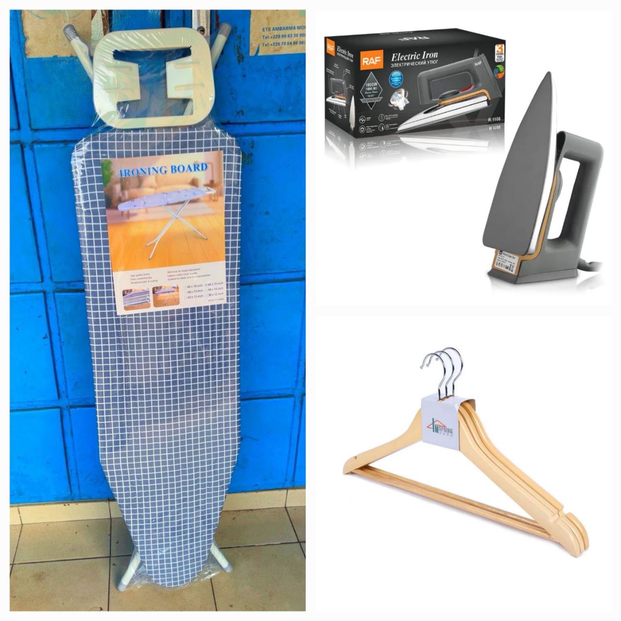 Pack  Habits  Nickel: Planche à repasser+ Fer à repasser+ Cintres en bois massif