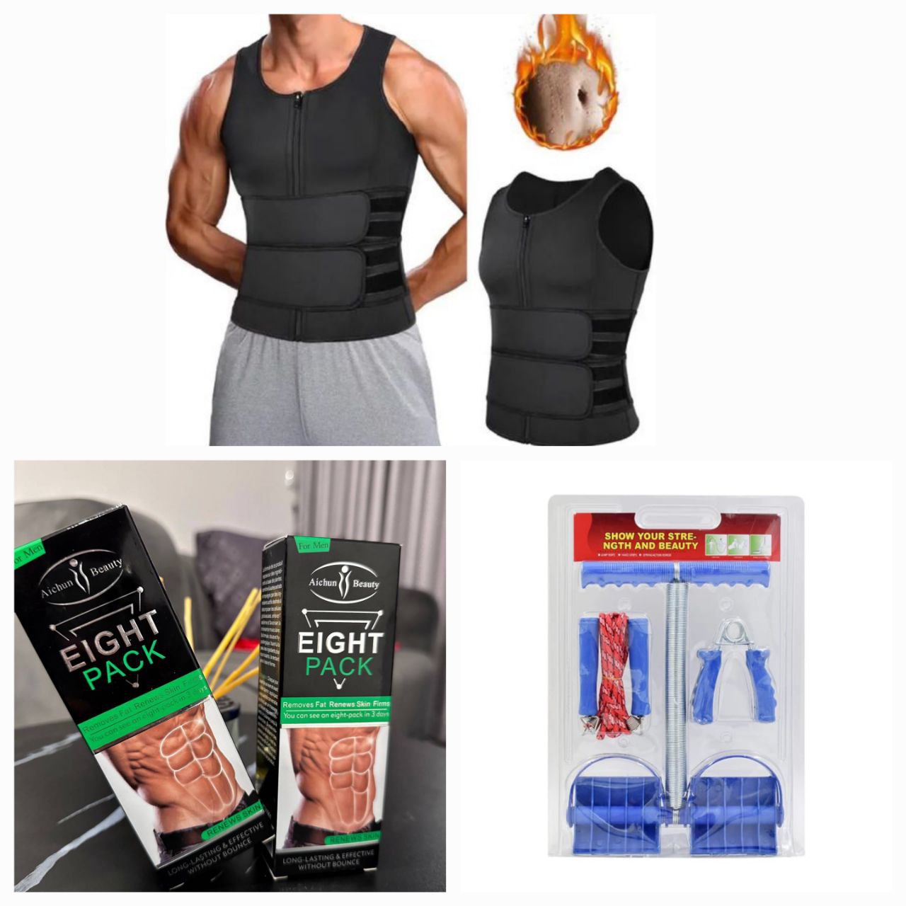 Pack Transformation Abdos 360° – Débardeur + Kit Fitness Tummy Trimmer + Crèmes Eight Pack offertes