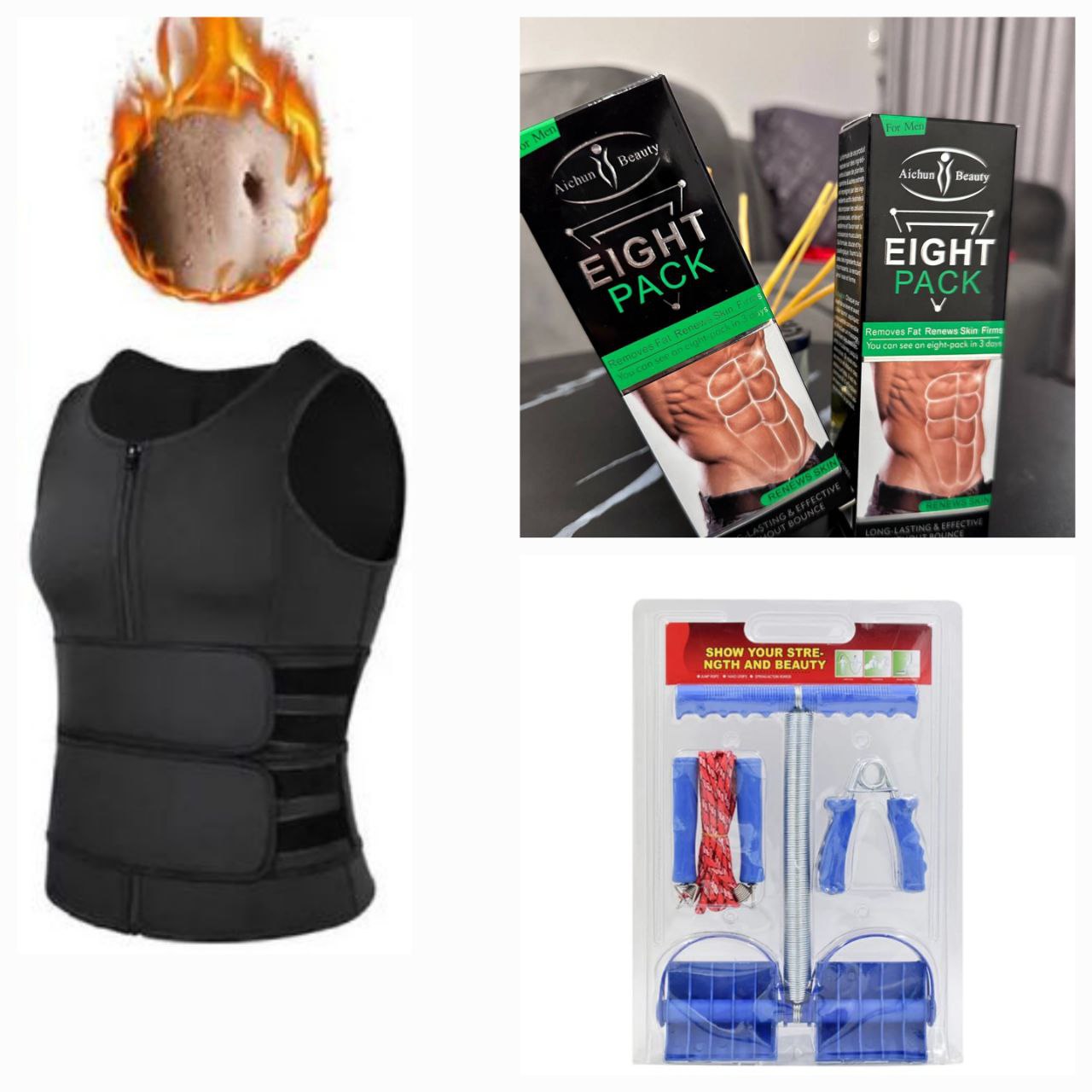 Pack Transformation Abdos 360° – Débardeur + Kit Fitness Tummy Trimmer + Crèmes Eight Pack offertes